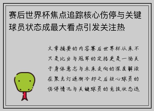 赛后世界杯焦点追踪核心伤停与关键球员状态成最大看点引发关注热